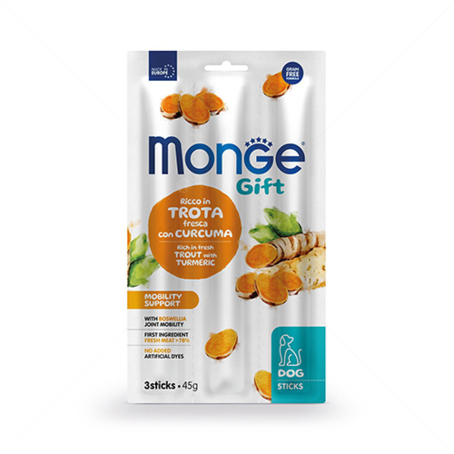 Стикове за грижа за ставите MONGE Gift Sticks Mobility Support 3x15 гр./18 см. с пъстърва, босвелия и куркума