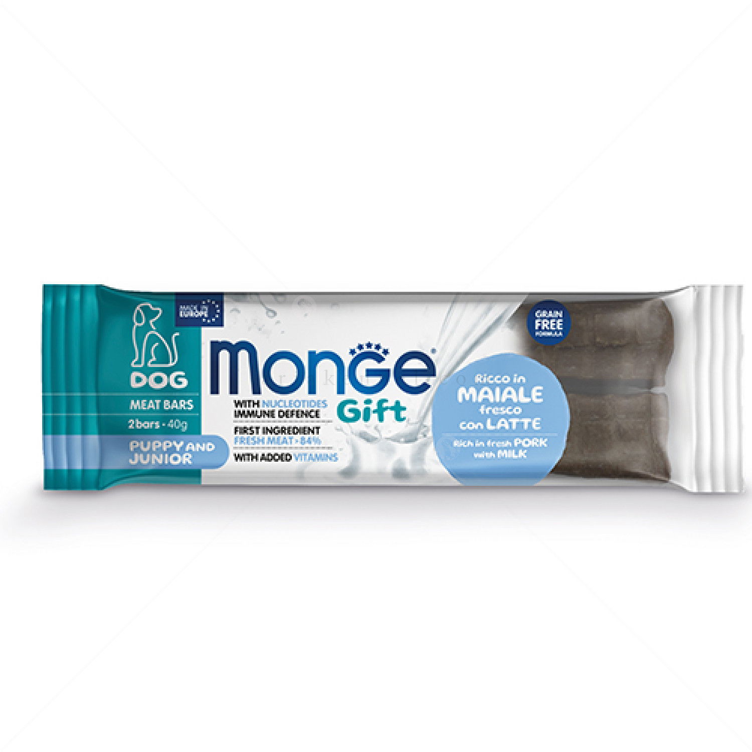 Месни барчета MONGE Gift Puppy&Junior Meat Bars 2x20 гр./12 см. със свинско месо, мляко и нуклеотиди