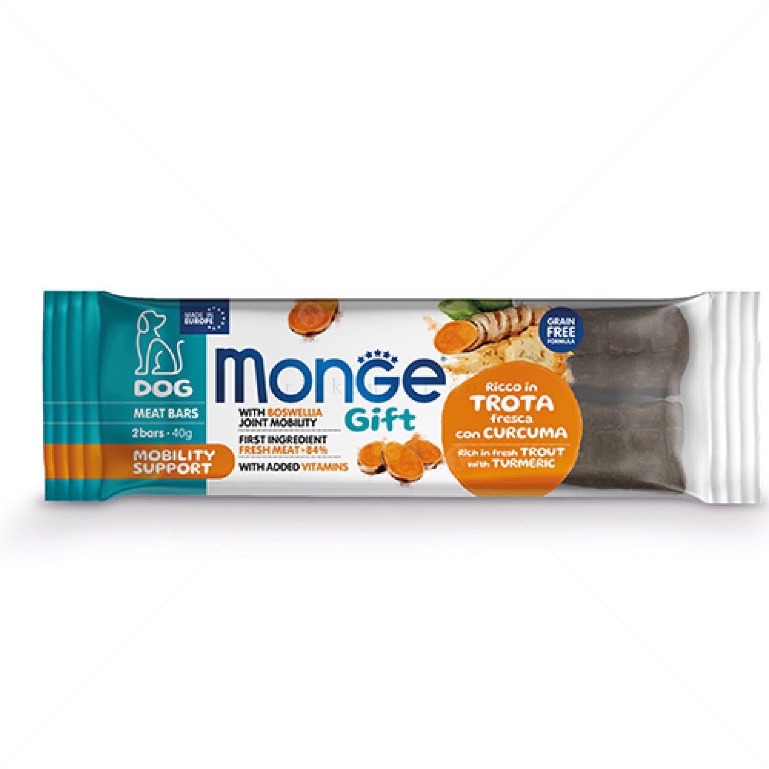 Месни барчета за грижа за ставите MONGE Gift Meat Bars Mobility Support 2x20 гр./12 см. с пъстърва, босвелия и куркума