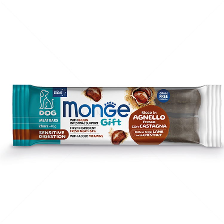 Месни барчета при чувствителна храносмилателна система MONGE Gift Meat Bars Sensitive Digestion 2x20 гр./12 см. с агнешко месо, кестени и инулин