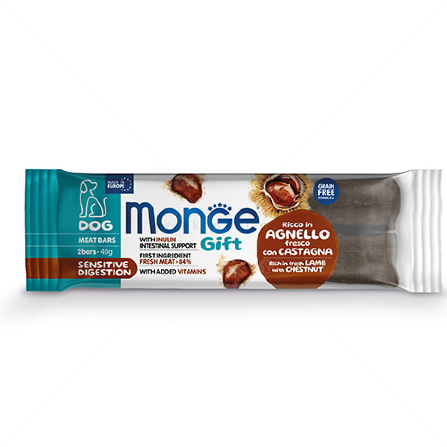 Месни барчета при чувствителна храносмилателна система MONGE Gift Meat Bars Sensitive Digestion 2x20 гр./12 см. с агнешко месо, кестени и инулин