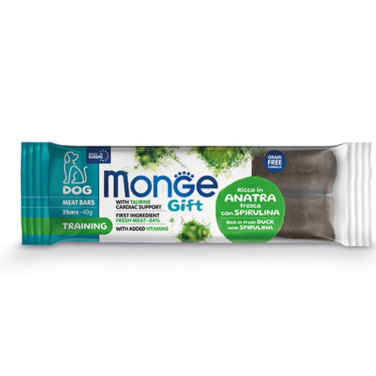 Месни барчета за тренировки MONGE Gift Meat Bars Training 2x20 гр./12 см. с патешко месо и спирулина