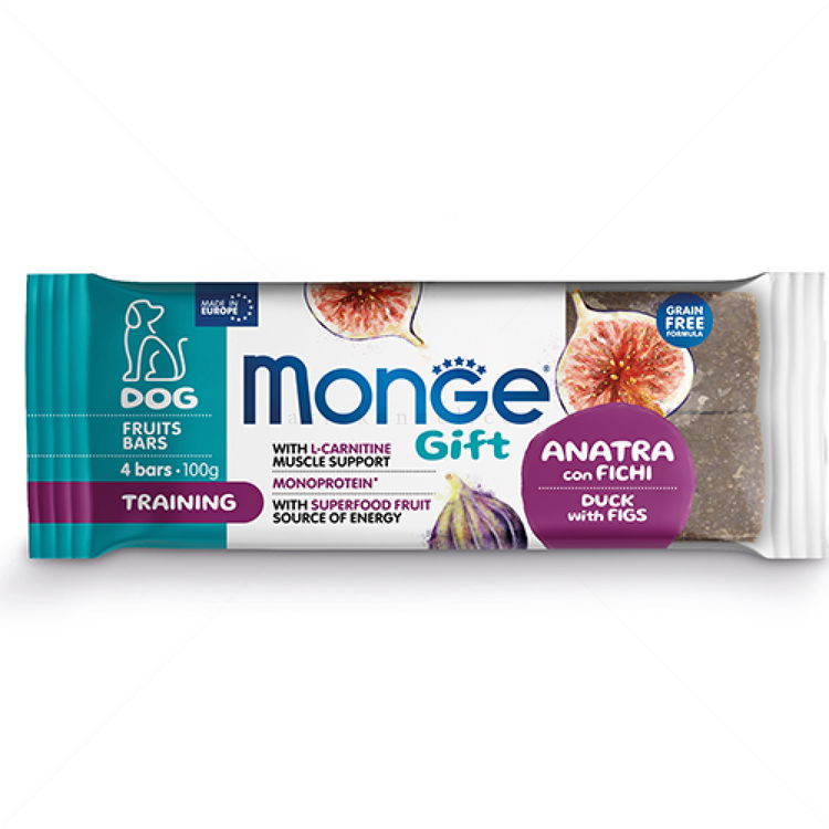 Барчета с плодове за тренировки MONGE Gift Fruit Bars Training 4x25 гр/12 см с патешко месо и смокини