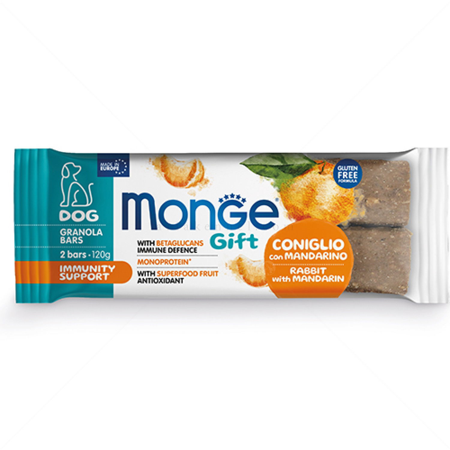 Гранола барчета за подсилване на имунитета MONGE Gift Granola Bars Immunity Support 2x60 гр./12 см. със заешко месо и мандарина