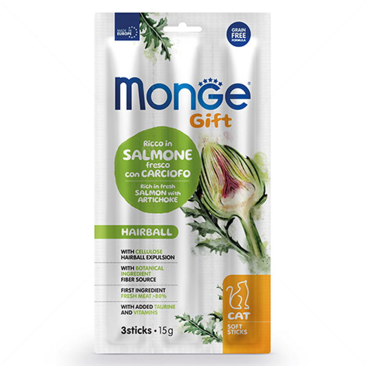 Меки стиксчета срещу космени топки със сьомга и артишок MONGE Gift Soft Sticks Hairball
