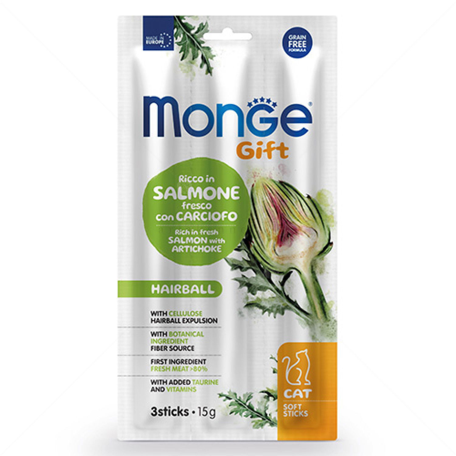 Меки стиксчета срещу космени топки със сьомга и артишок MONGE Gift Soft Sticks Hairball