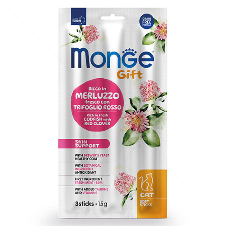 Меки стиксчета за здрави кожа и козина с риба треска и детелина MONGE Gift Soft Sticks Skin Support
