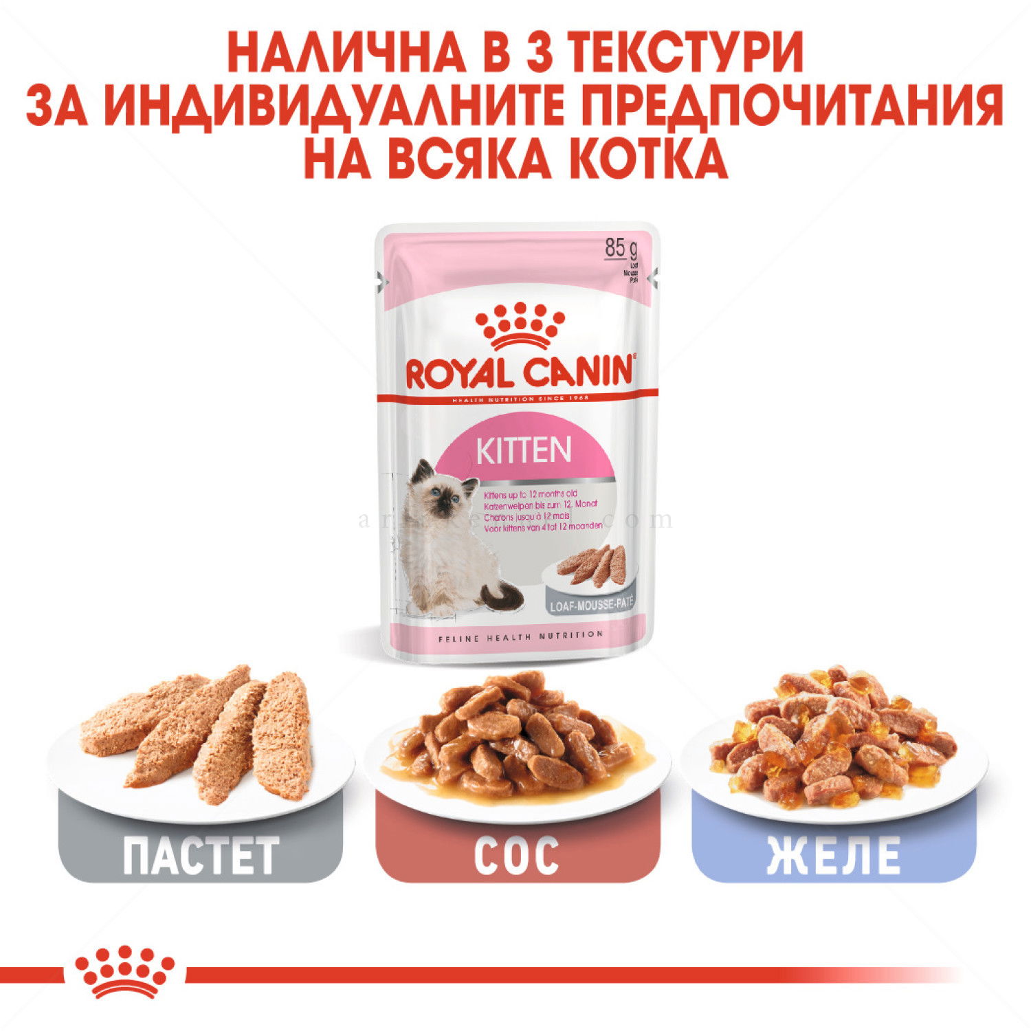 ПРОМО ROYAL CANIN® Kitten Pouch 4x85 гр. пастет, хапки в сос и в желе