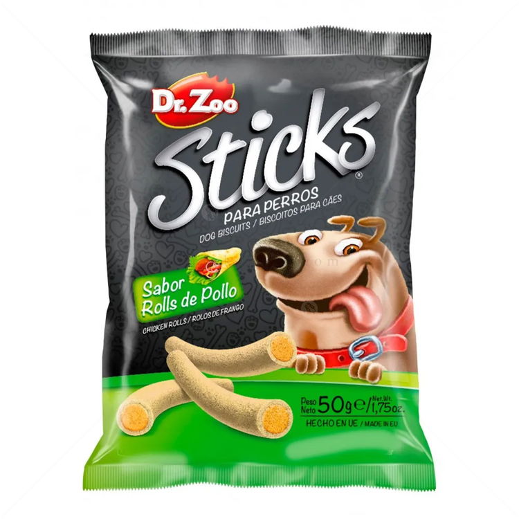 Меки бисквитени пръчици с пълнеж от пилешко руло DR ZOO Sticks Sabor Rolls de Pollo