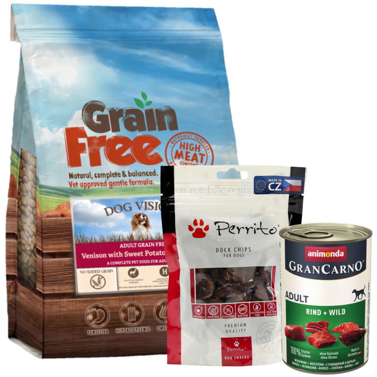 Комплект DOG VISION Venison 2 кг + GRANCARNO Adult 400 гр Rind & Wild + PERRITO Premium 100 гр. Чипс от патешко месо
