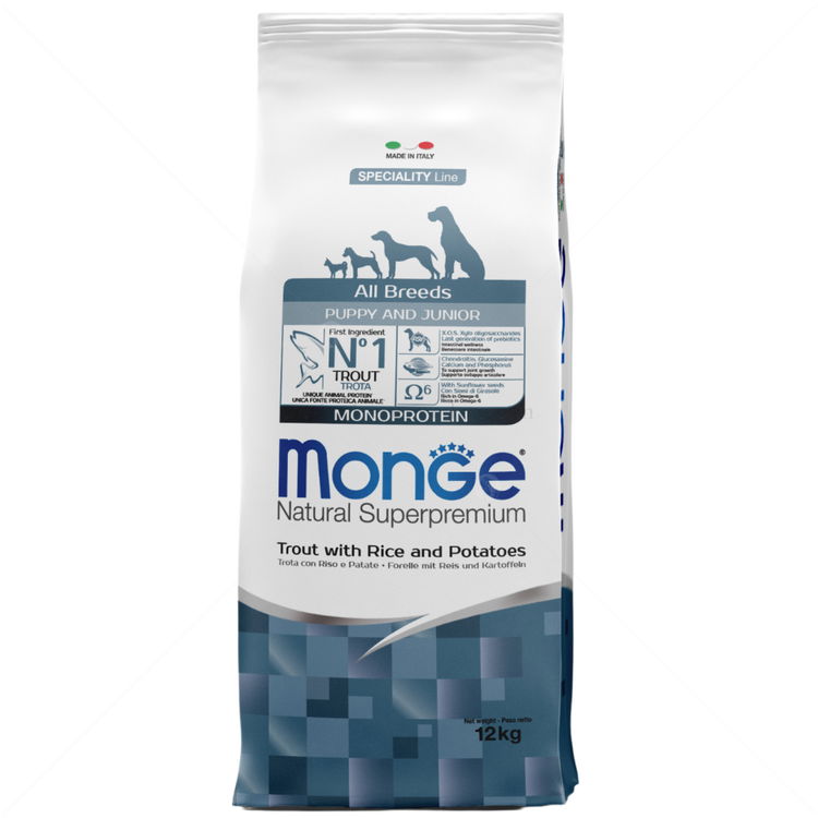 MONGE Monoprotein All Breeds Puppy 12 кг Trout, Rice & Potato