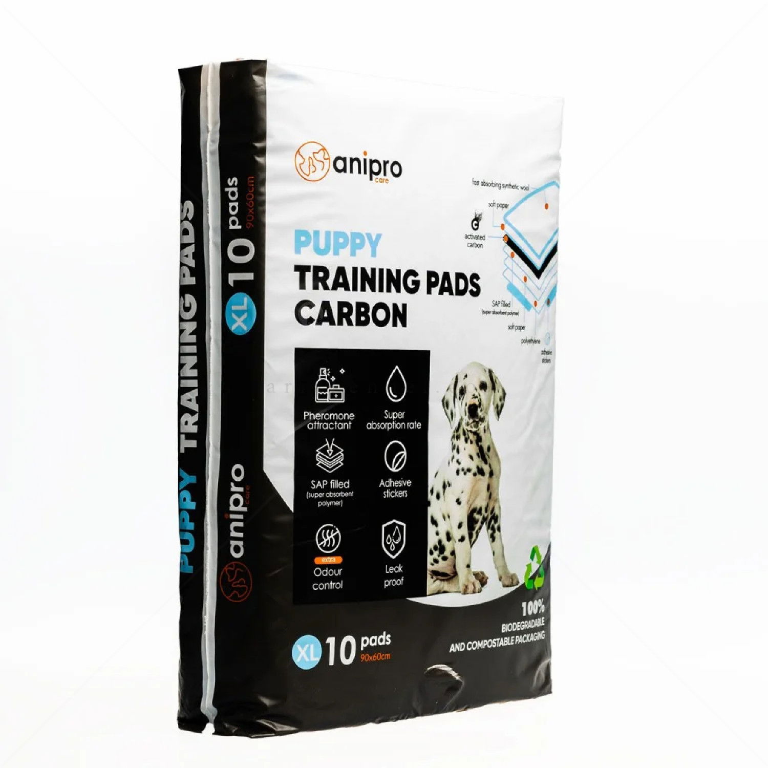 Хигиенни подложки/Пелени с активен въглен за кучета, размер XL, ANIPRO в биоразградима опаковка