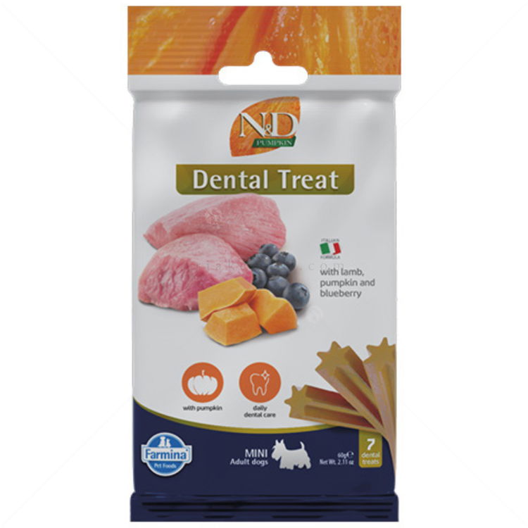 Дентални пръчки за дребни породи N&D Pumpkin Dog Adult Mini Dental Treat Lamb&Blueberry
