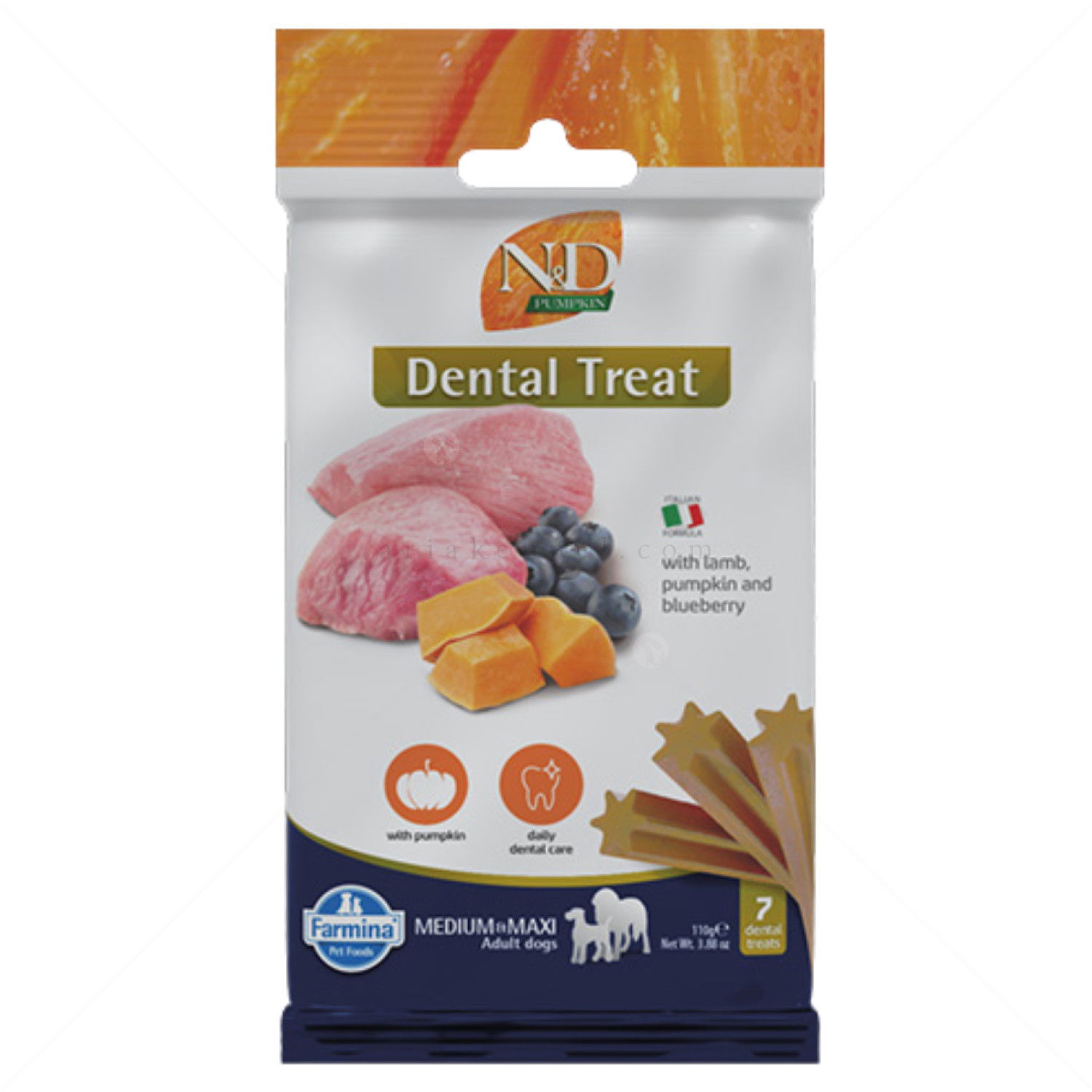 Дентални пръчки за средни и едри породи N&D Pumpkin Dog Adult Medium&Maxi Dental Treat Lamb&Blueberry