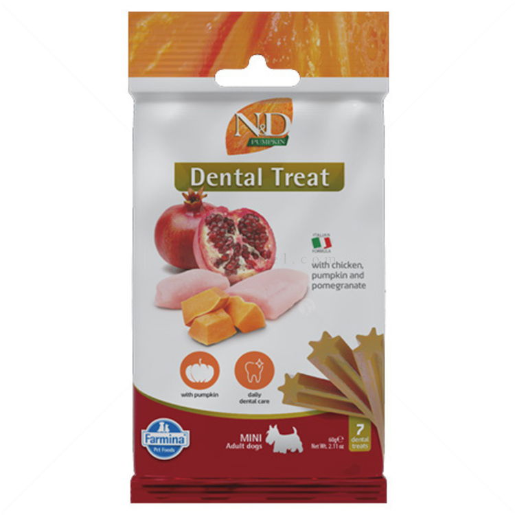 Дентални пръчки за дребни породи N&D Pumpkin Dog Adult Mini Dental Treat Chicken&Pomegranate