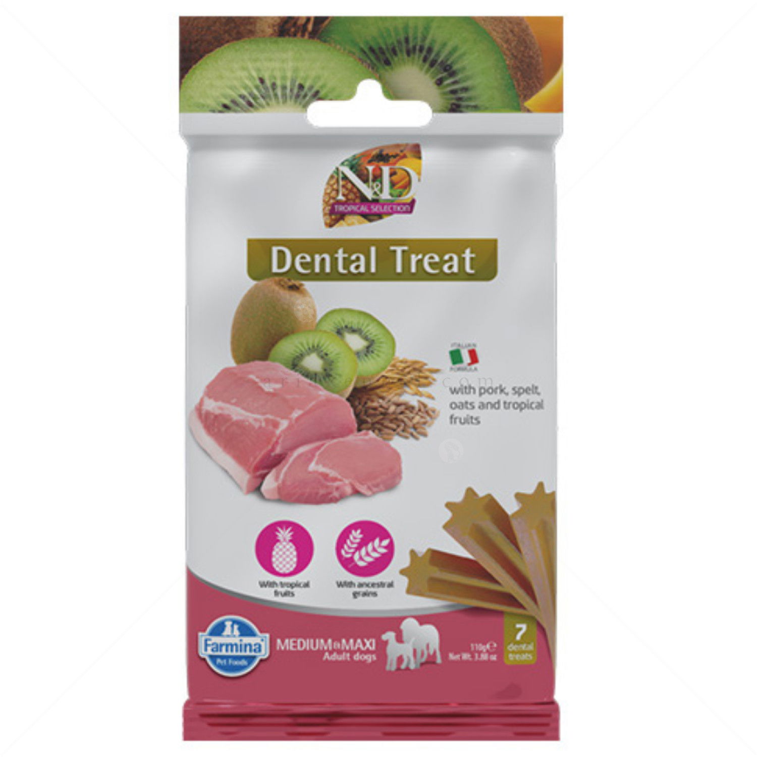 Дентални пръчки за средни и едри породи N&D Tropical Selection Dog Adult Medium&Maxi Dental Treat Pork