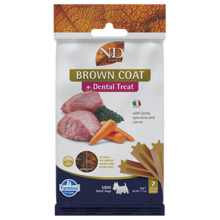 Дентални пръчки за кучета с кафява козина от дребни породи N&D Brown Dog Adult Mini Dental Treat Lamb, Carrot & Spirulina