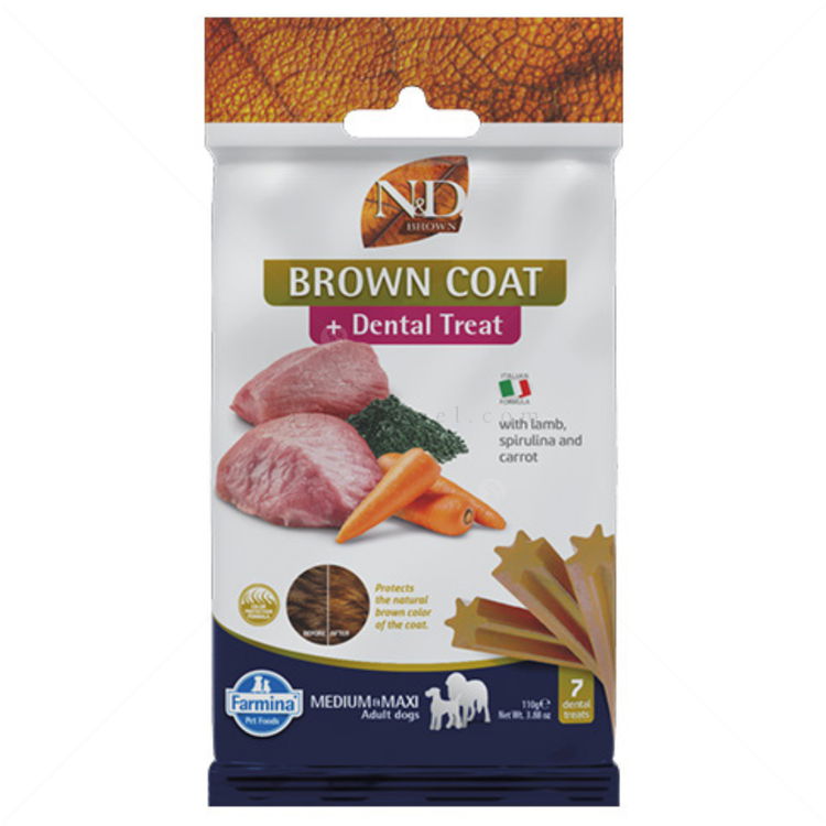 Дентални пръчки за кучета с кафява козина от средни и едри породи N&D Brown Dog Adult Medium&Maxi Dental Treat Lamb, Carrot & Spirulina