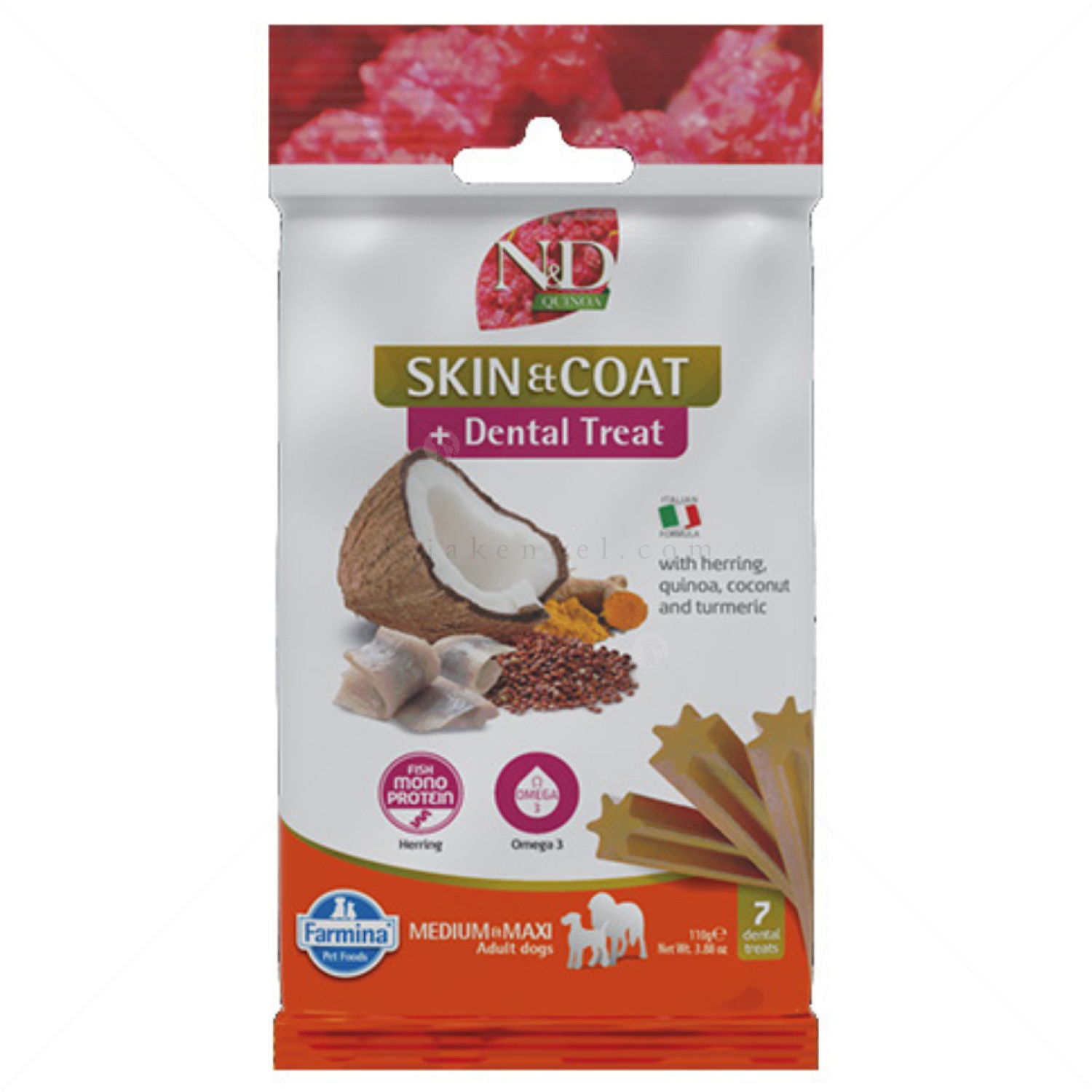 Дентални пръчки за здрава кожа и козина за кучета от средни и едри породи N&D Quinoa Dog Adult Medium&Maxi Dental Treat Skin&Coat Herring