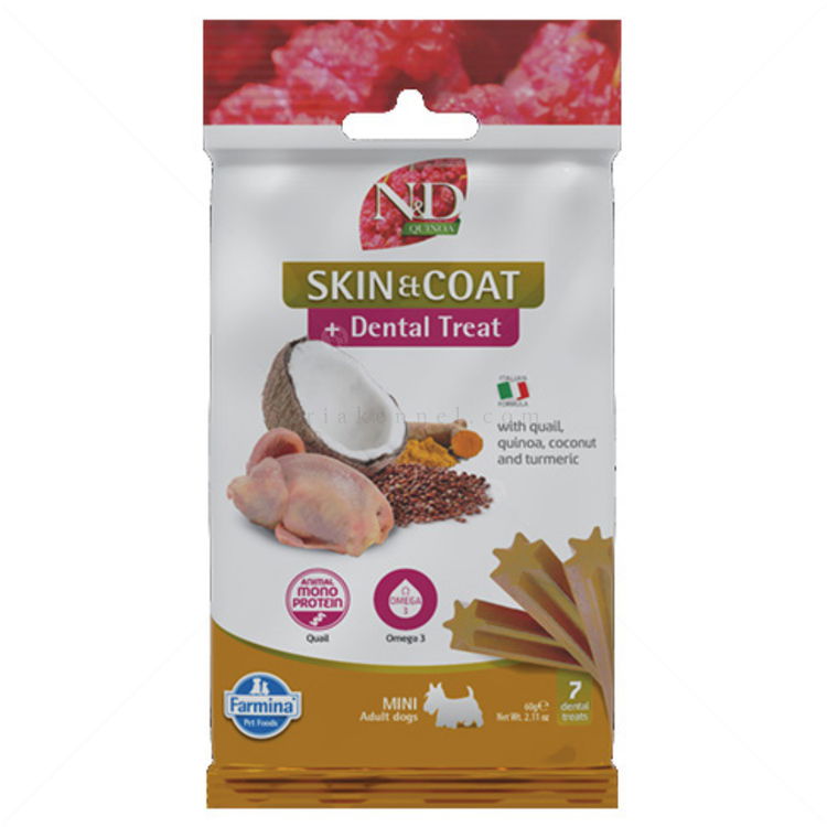 Дентални пръчки за здрава кожа и козина за кучета от дребни породи N&D Quinoa Dog Adult Mini Dental Treat Skin&Coat Quail