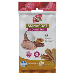 Дентални пръчки за здрава кожа и козина за кучета от средни и едри породи N&D Quinoa Dog Adult Medium&Maxi Dental Treat Skin&Coat Quail