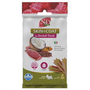 Дентални пръчки за здрава кожа и козина за кучета от дребни породи N&D Quinoa Dog Adult Mini Dental Treat Skin&Coat Duck