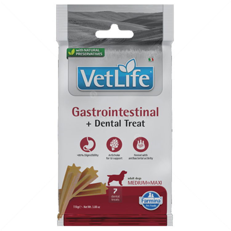 Дентални пръчки за средни и едри породи за здрав стомашно-чревен тракт VET LIFE Dog Medium&Maxi Dentral Treat Gastro Intestinal
