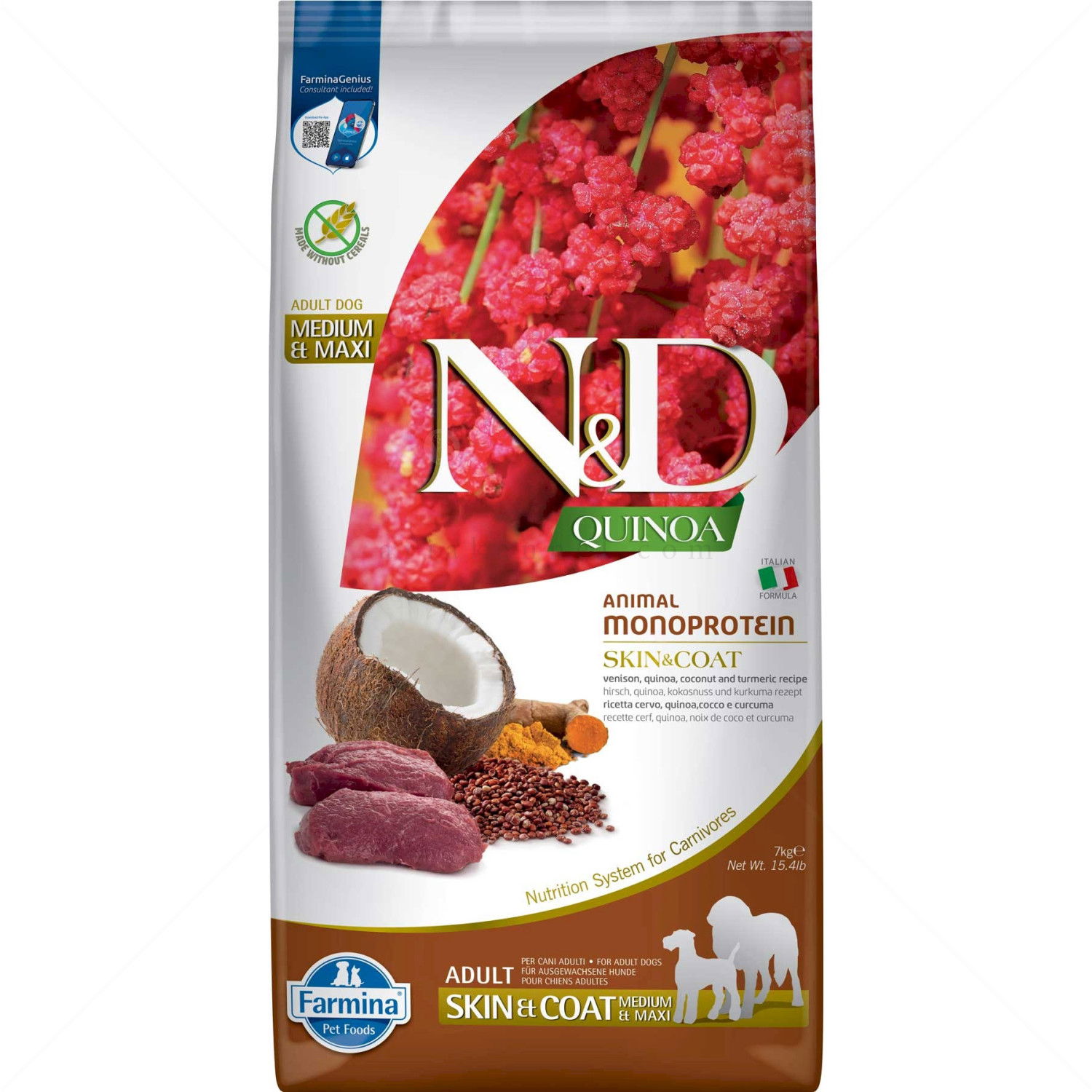 N&D Dog 7 кг Quinoa Medium&Maxi Skin&Coat Venison, coconut and tumeric