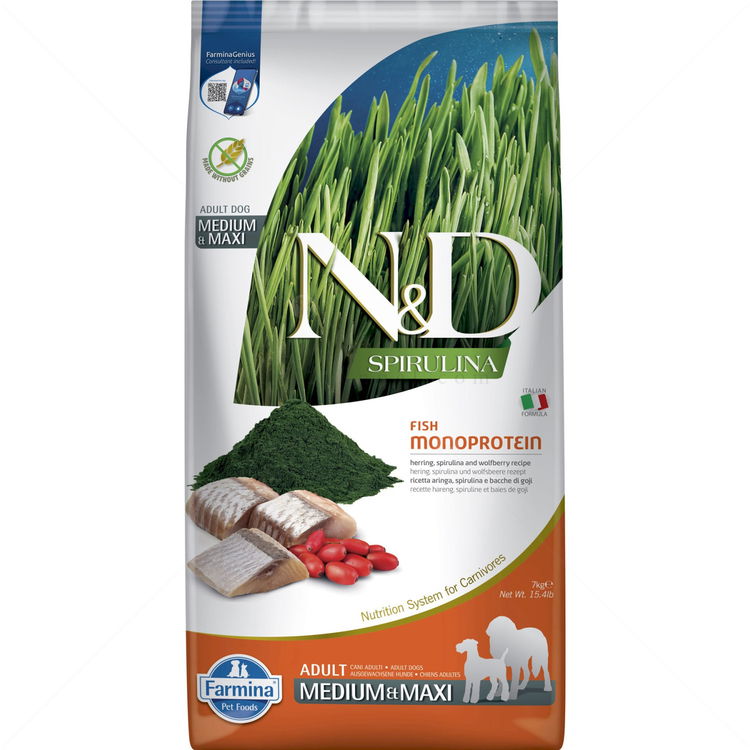N&D Spirulina 7 кг Adult Medium&Maxi Herring and wolfberry