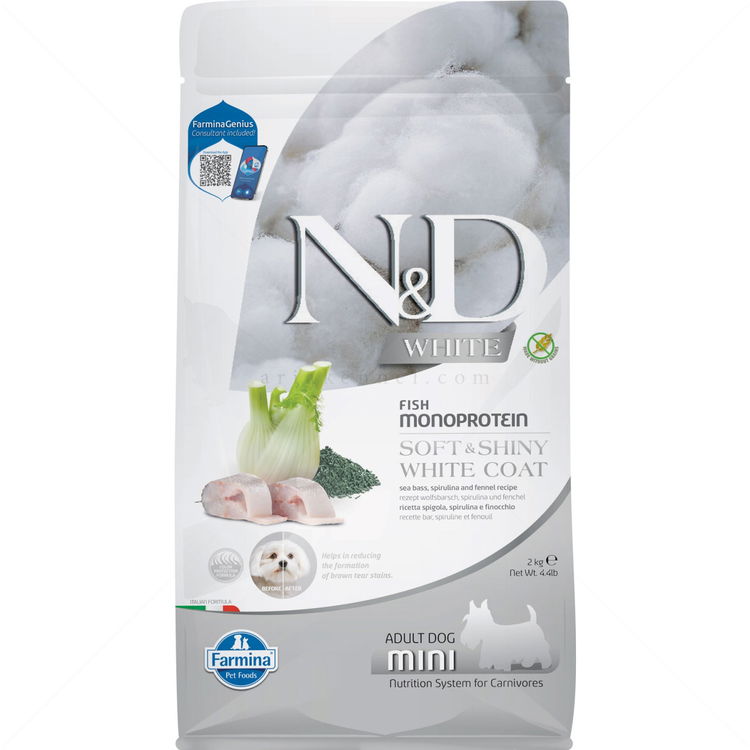 Храна за бели кучета 2 кг N&D White Dog Spirulina Adult Mini, Sea bass and fennel