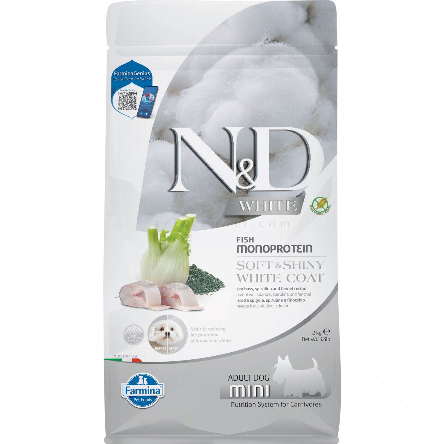 Храна за бели кучета 2 кг N&D White Dog Spirulina Adult Mini, Sea bass and fennel