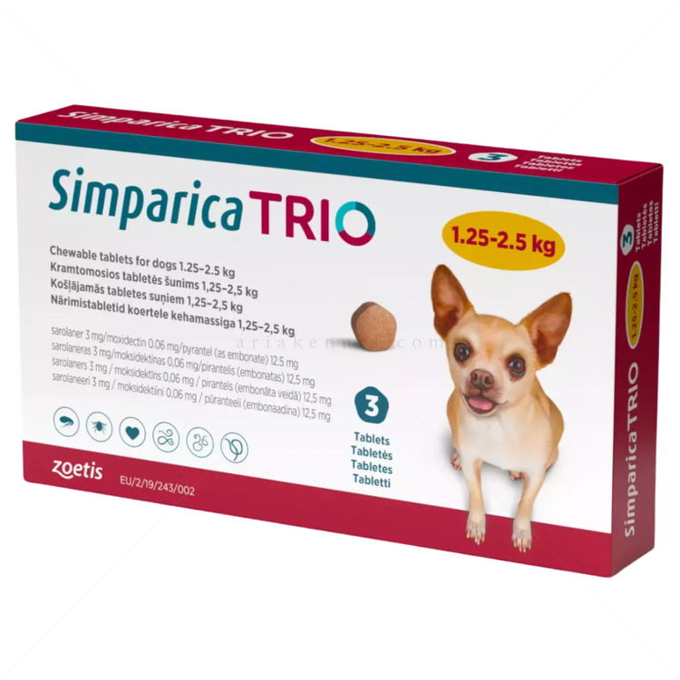 Комбинирана таблетка за вътрешно и външно обезпаразитяване SIMPARICA TRIO 1x3 mg