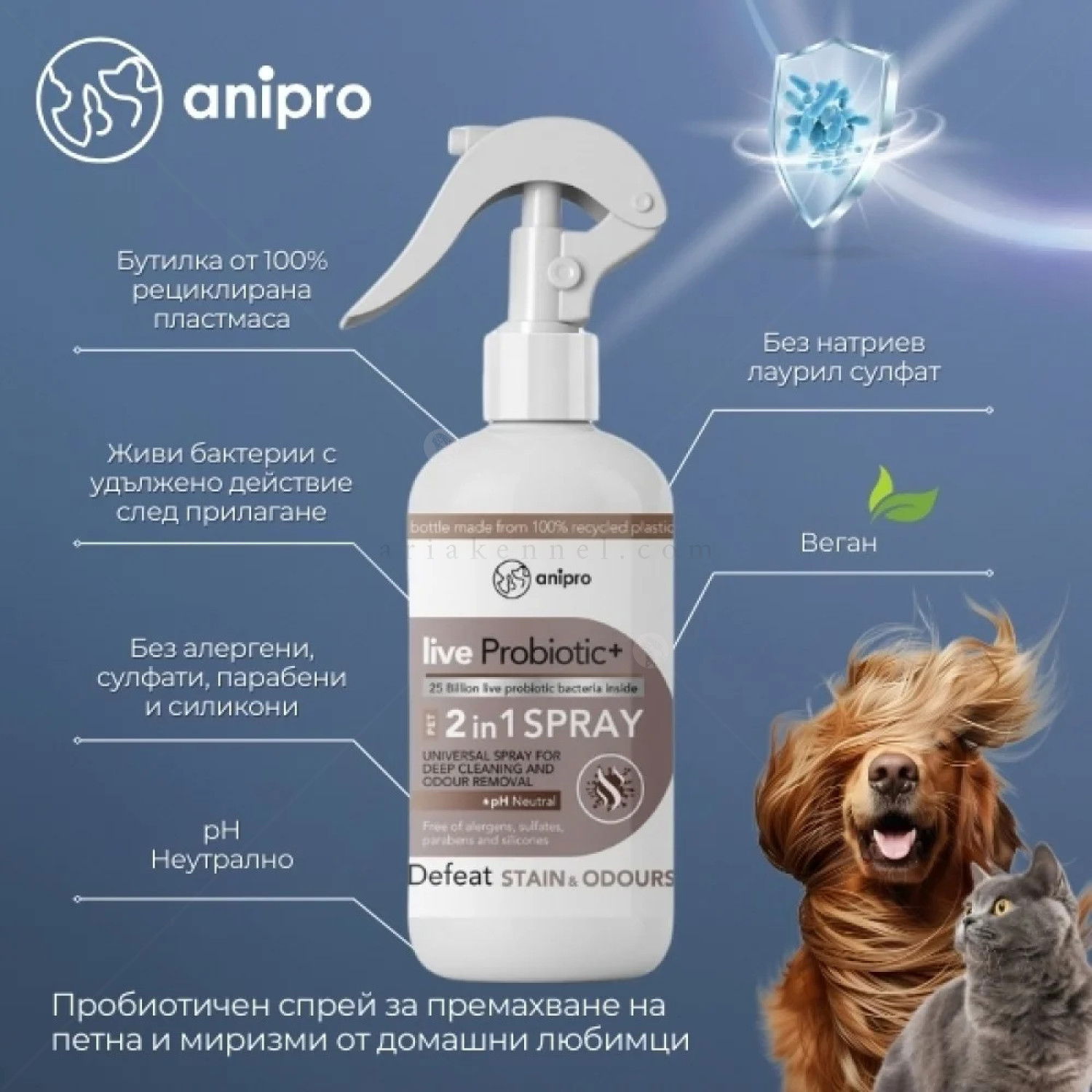 Пробиотичен спрей за премахване на петна и миризми от домашни любимци ANIPRO Live Probiotic+ Defeat Stаin & Odour, 500 мл