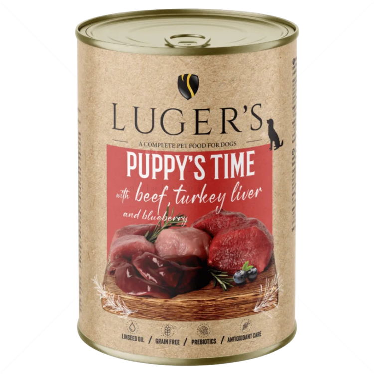 Консерва с говеждо месо, пуешки дроб и боровинки 400 гр LUGERS Puppy's Time Beef, turkey liver and blueberry