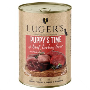 Консерва с говеждо месо, пуешки дроб и боровинки 400 гр LUGERS Puppy's Time Beef, turkey liver and blueberry
