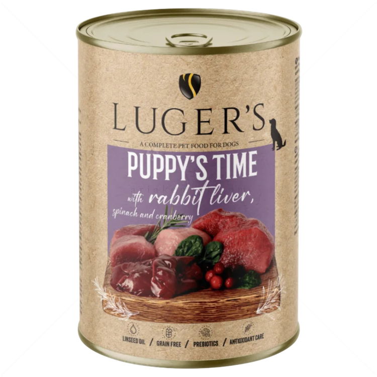 Консерва със заешки дробчета, спанак и боровинки 400 гр LUGERS Puppy's Time Rabbit liver, spinach and blueberry