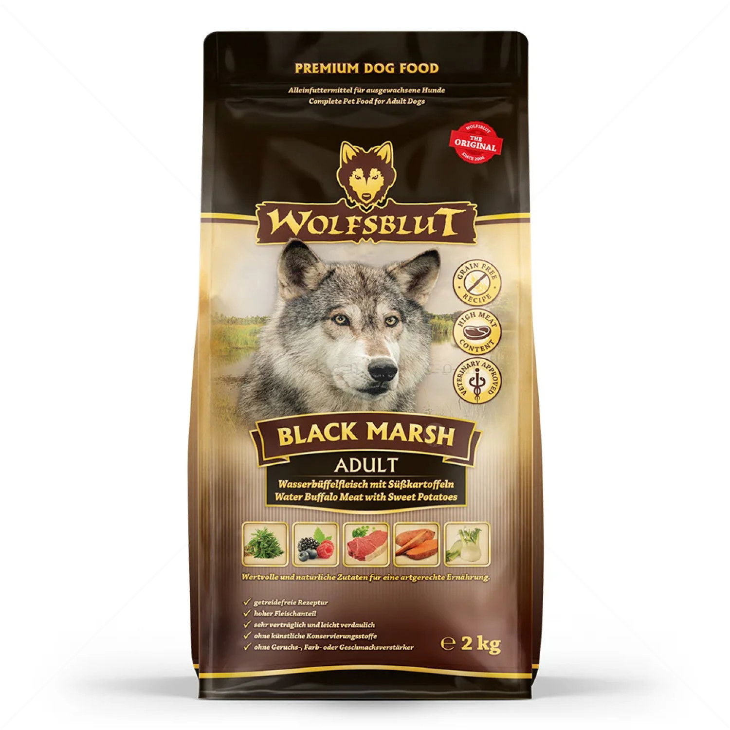 WOLFSBLUT Adult Black Marsh 2 кг с воден бивол и сладък картоф за всички породи кучета