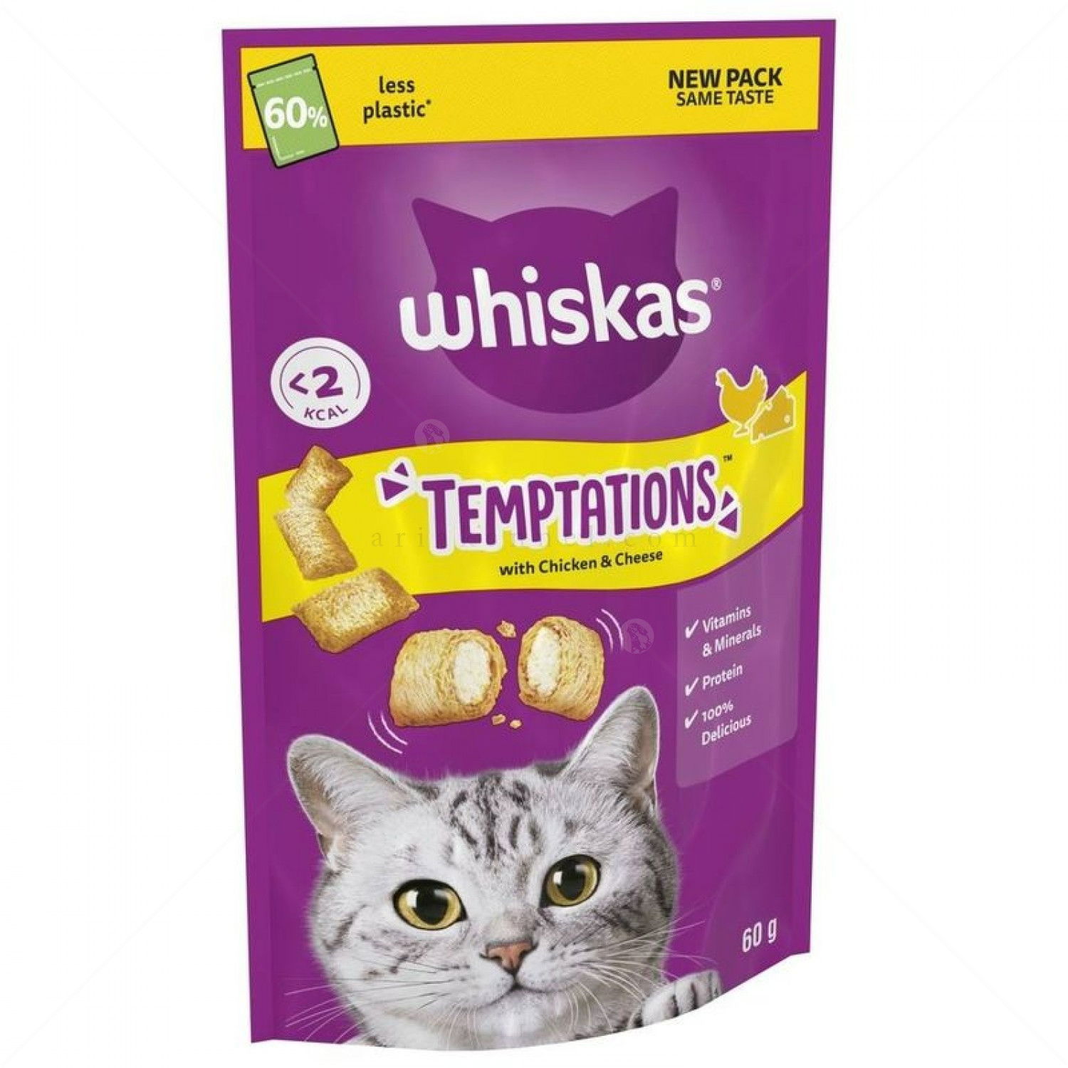 Хрупкави хапки WHISKAS Temptations с вкус на пилешко месо и сирене