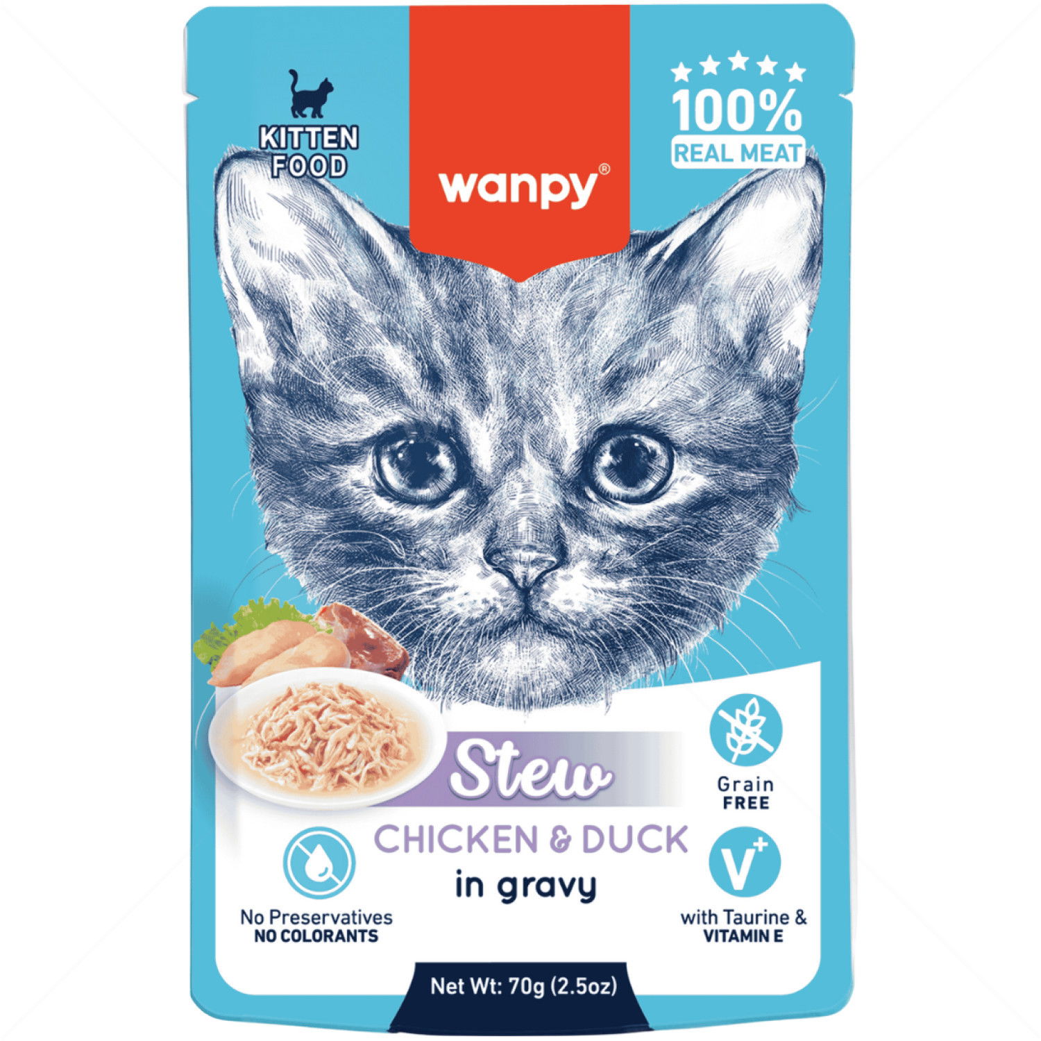 Пауч за малки котенца с пилешко и патешко месо в сос 70 гр WANPY Kitten Pouch Stew in Gravy Chicken & Duck