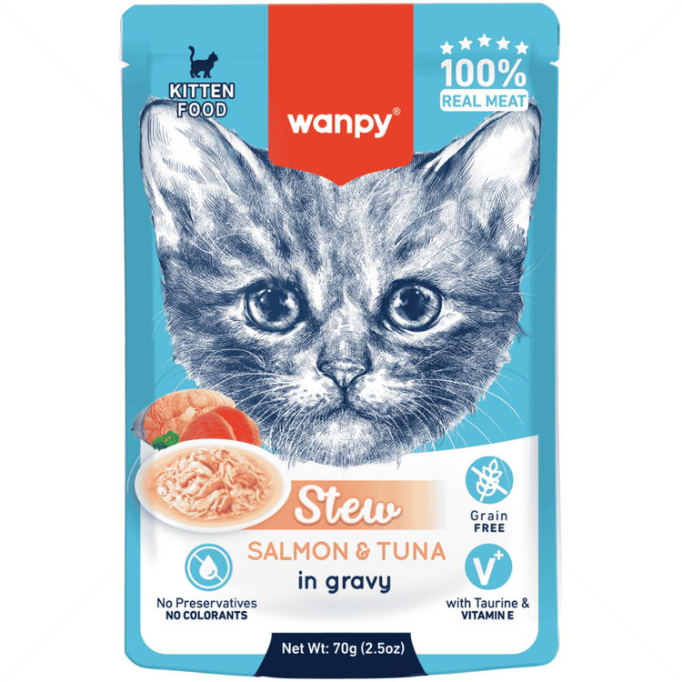 Пауч за малки котенца с сьомга и риба тон в сос 70 гр WANPY Kitten Pouch Stew in Gravy Salmon & Tuna