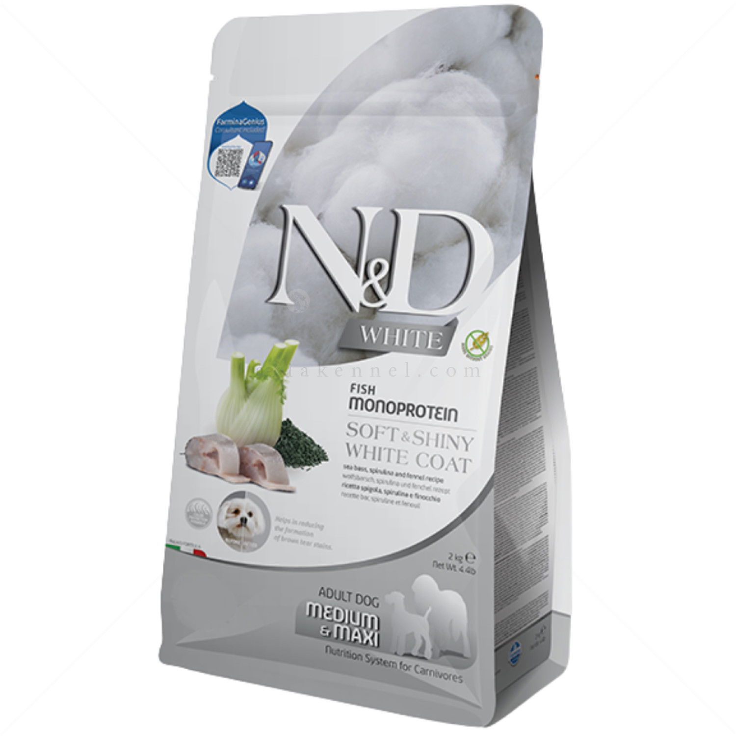 Храна за бели кучета 7 кг N&D White Dog Spirulina Adult Medium&Maxi, Sea bass and fennel