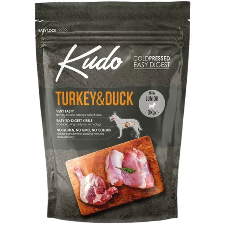 KUDO Low Grain Mini Junior 3 кг Turkey & Duck - студено пресована суха храна