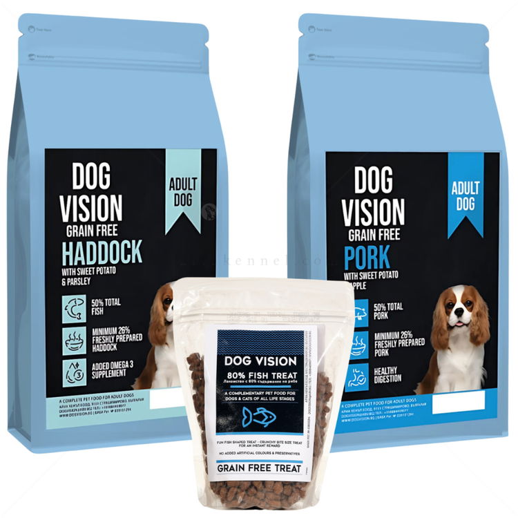 Комплект DOG VISION Adult Haddock 2 кг + DOG VISION Adult Pork 2 кг + Dog Vision 500 гр Fish Treat 80%