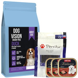 Комплект DOG VISION Adult Duck 2 кг + 3 броя VOM FEINSTEN Adult Forest 150 гр със заешко месо + Perrito 100 гр Пръчици изсушено патешко месо