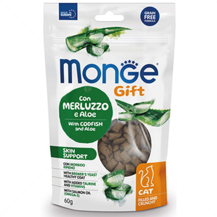 Хрупкави джобчета с мек пълнеж за здрави кожа и козина с риба треска и алое MONGE Gift Filled and Crunchy Skin Support