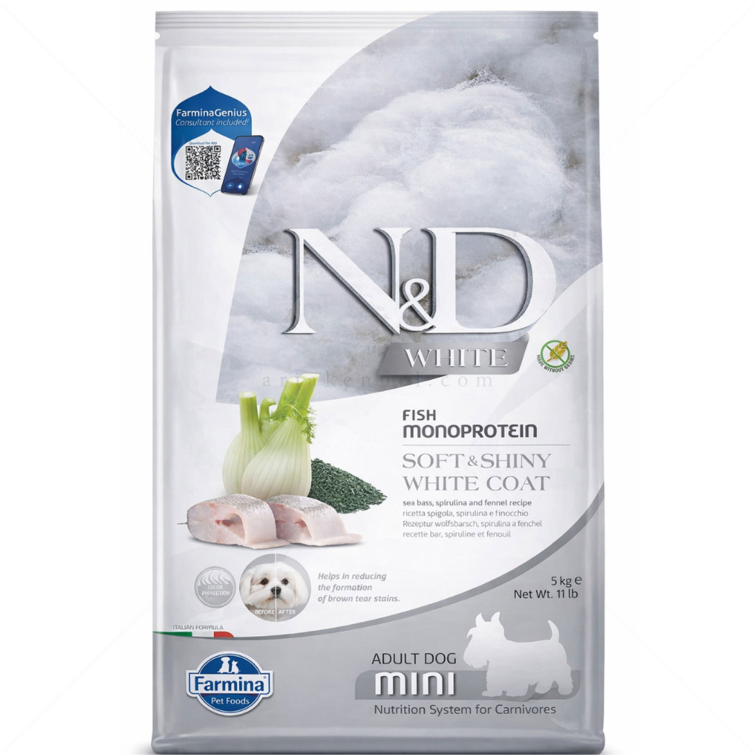Храна за бели кучета 5 кг N&D White Dog Spirulina Adult Mini, Sea bass and fennel