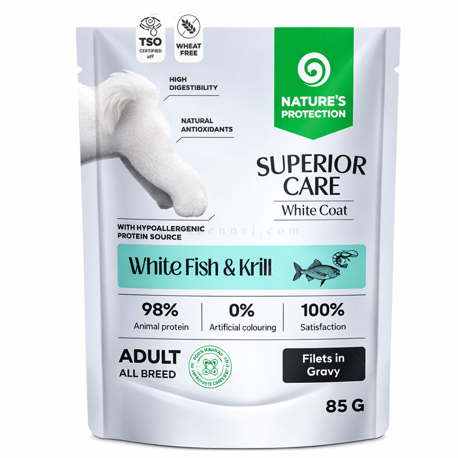 Пауч за бели кучета с бяла риба и крил 85 гр NATURE'S PROTECTION Superior Care White Coat Adult White Fish & Krill