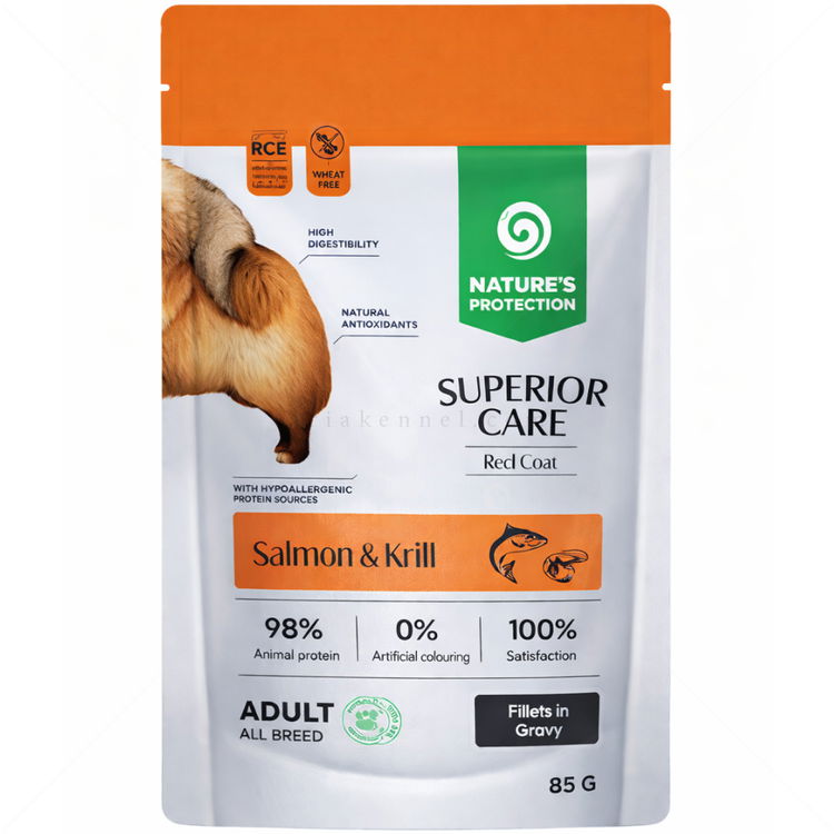 Пауч за червени кучета със сьомга и крил 85 гр NATURE'S PROTECTION Superior Care Red Coat Adult Salmon & Krill