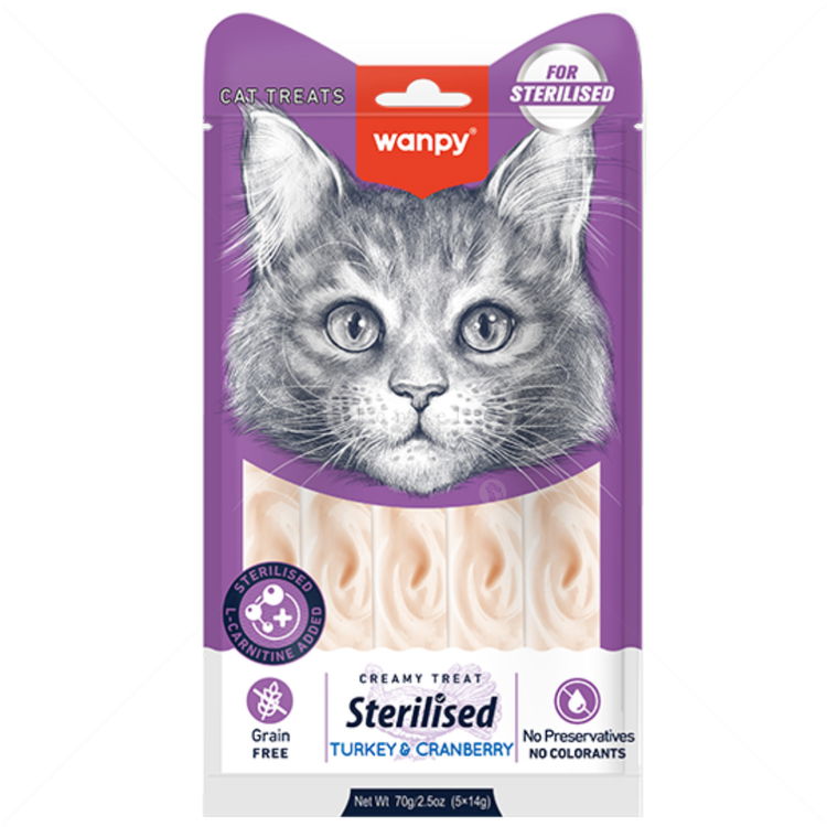 Кремообразно лакомство за кастрирани котки с пуешко месо и боровинки WANPY Creamy Sterilised Turkey & Cranberry