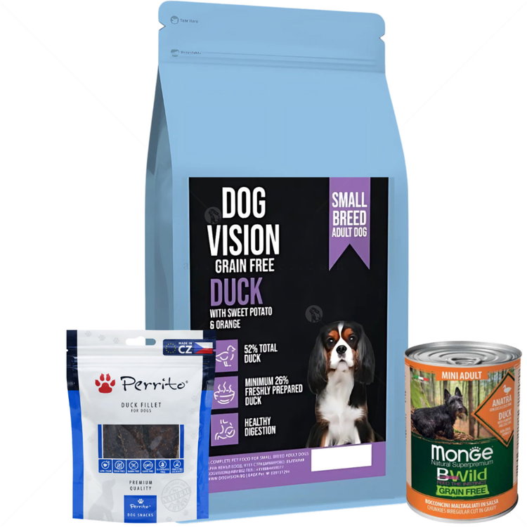 Комплект DOG VISION Adult Small Duck 2 кг + Monge Grain free Mini Adult 400 гр с патешко месо + Perrito 100 гр Филе от патешко месо